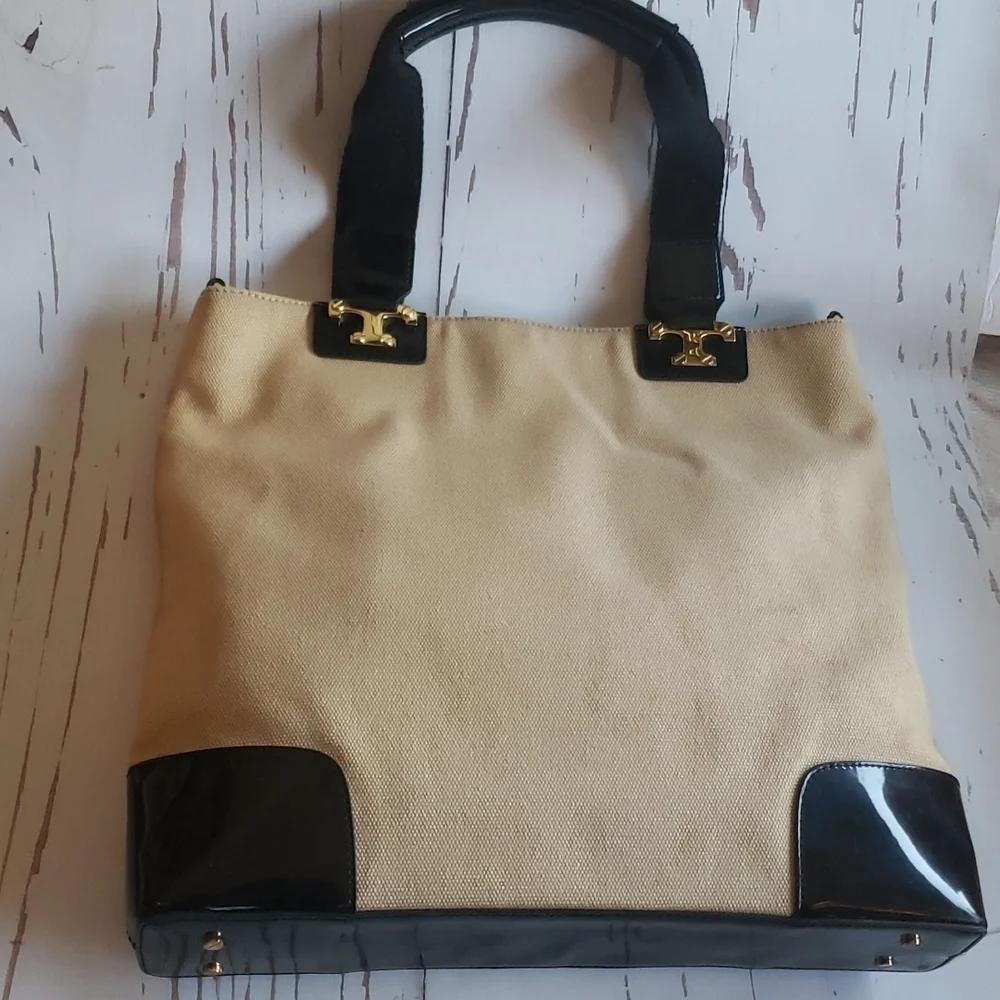 Tory Burch canvas and patent leather tote large bag